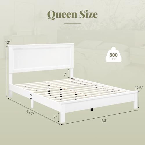 Image of GIANTEX Wood Queen Platform Bed Frame with Headboard, Mid Century Bed Frame with Solid Wood Legs & Wooden Slat Support, No Box Spring Needed, White Bed