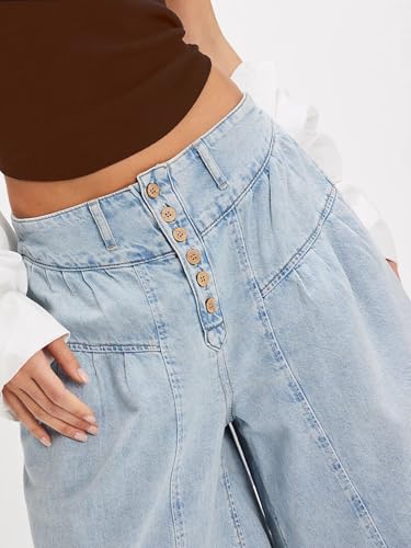 CHARTOU Women Flare Wide Leg Jeans Baggy Cropped Mid Rise Jeans Pleated Ruffle Denim Pants with Pockets4