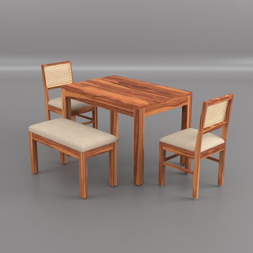 Image of Solid Wood Cane 4 Seater Dining Table Set | Four Seater Dining Table with 2 Cushions Chairs & 1 Bench for Dining Room | 4 Seater Dining Set for Hotel Restaurant | Sheesham, B-Honey