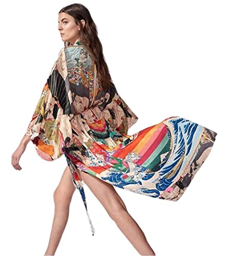 RanRui kimonos women‘s floral print plus size swimsuit cover ups fast dry long sleeve Loose open front bathing suit cover ups even kimonos robe dusters beach cover up with belt (281)2