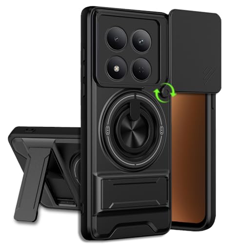 Image of Redmi Note 15 Pro Plus 5G Back Cover | Armor Camera Slider 360 Degree Rotating Finger Ring Holder Case with Bracket Stand Back Case Cover (Compatible with MagSafe Accessories) (Black)