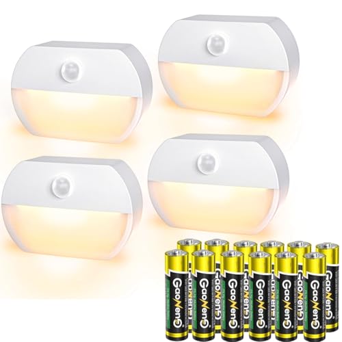sununiny LED Nachtlicht mit Bewegungsmelder,kinder Bewegungslicht mit Batterie, Indoor Treppenbeleuchtung,Auto EIN/AUS Sensor Licht Für Flur, Bad, Schlafzimmer,Orientierungslicht,Warmes Weiß (4)