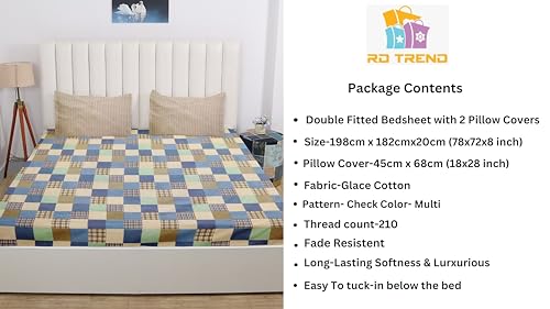 Image of RD TREND Presents Luxurious Glace Cotton Super Soft 210 TC 360 Elastic Fitted Bedsheet King Size (78X72X8 Inch) with 2 Pillow Covers (Multi Check, King Fitted)