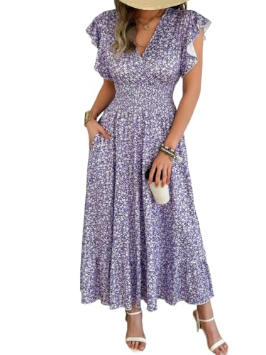 11 Best Casual Summer Dresses for Women Over 60 with Sleeves (Stylish, Cool, and Comfortable) 3 HEBELD Women’s Maxi Floral Dress - Flutter Short Sleeve Wrap V-Neck Flowing A-Line Summer Dress with Smocked Waist and Pocket, Purple Floral, Medium