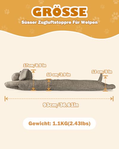 Zugluftstopper Für Türen 93cm, 1.1KG Schwer Zugluftstopper Tür, Schutz vor Luftzug und Lärm, Tier Dekorative Windstopper mit Hängenden Schlaufen, für Türen und Fenster, Brauner Dackel