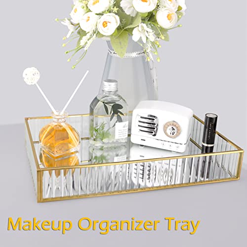 Large Mirror Makeup Vanity Tray 12 X 8 Inch,Striped Glass Perfume Cosmetic Organizer,Square Bathroom Trays For Counter Decorative,Ornate Jewelry Collection Tray,Gold Basket Trays For Dresser,Bedroom #TOP1