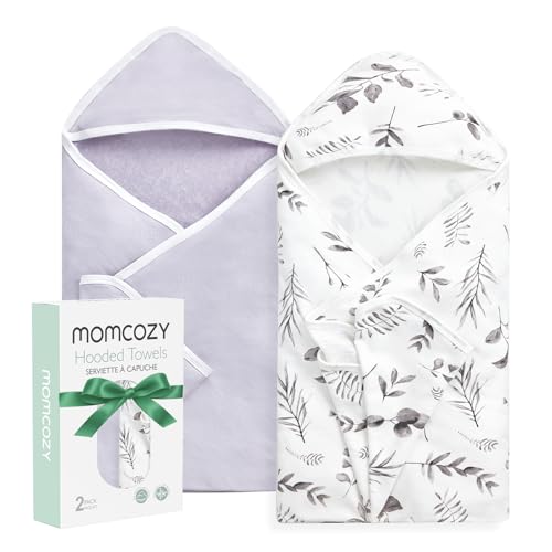 Image of Momcozy Baby Hooded Towel-Made from Cotton, Suitable for Newborn Shower Gifts, 2 Count (Pack of 1), 28 X 28 Inch, Ink Wash Leaves
