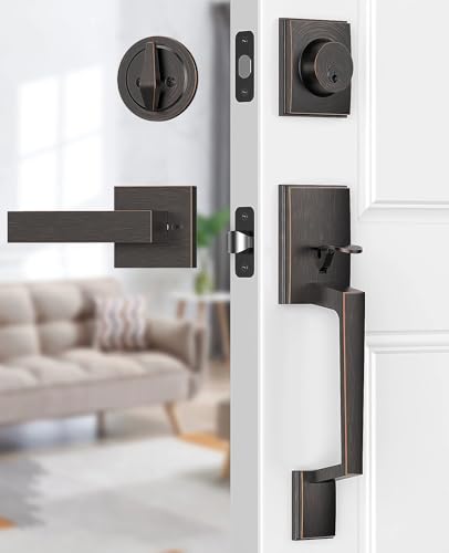 Image of Brightify Oil Bronze Front Door Handle, Oil Bronze Exterior Door Handle with Door Lever, Front Door Lock Set, Adjustable Deadbolt with Single Cylinder, Reversible for Right&Left