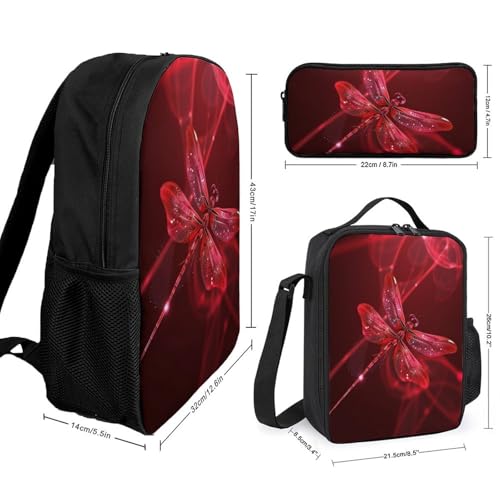 3 Piece Backpack for Women Men Lightweight Causal Daypack Shoulder Bag Set with Insulated Lunch Bag And Pencil Case Organizers Abstract Red Dragonfly2