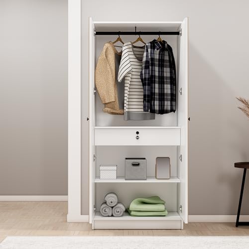 Image of Bniture Luxe 2 Door Wooden Wardrobe for Bedroom with Shelf & Lockable Drawer | Engineered Wood Almirah for Clothes with 3D Textured Panels | Dual Tone Cupboard for Bedroom | Frosty White & Giant Wood