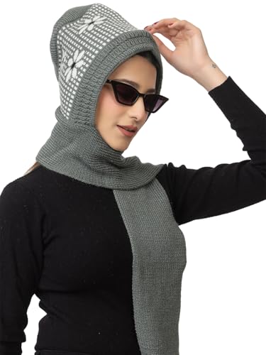 Image of AMOLDO Women's Winter Woolen Soft Warm Knitted Designer Muffler Beanie Cap with Fur | Fleece Printed Woolen Hat with Attached Scarf for Cold Weather