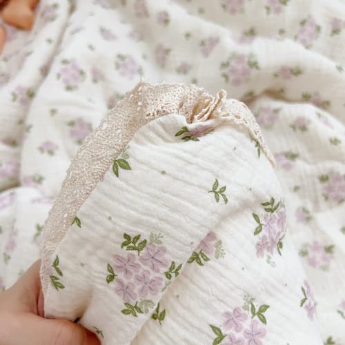 Image of BuLuTu Purple Flower Baby Quilts for Kids Muslin Comforter Large Thin Summer Quilt for Crib /Cradle /Cot, 2-Layer Muslin Toddler Blanket Purple Perilla Pattern, 47x59 Inch