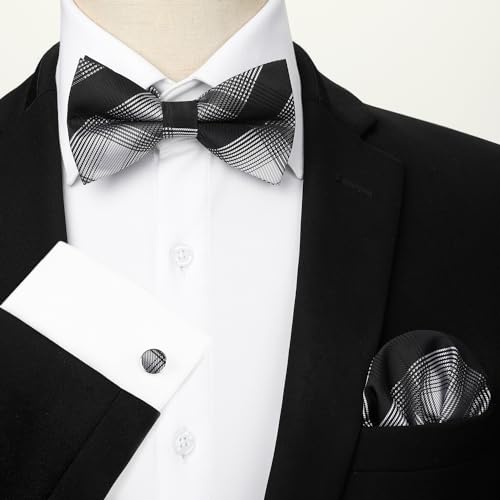 Image of HISDERN Mens Plaid Bow Tie Set Pocket Square and Cufflinks Bowtie | Pretied Bowties Design for Easy Wear,Check Pattern,Matching Handkerchief Cuff Link,3PCS Set Wedding Formal Party Groom Prom