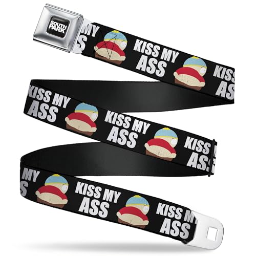 Comedy Central Belt, Seatbelt Buckle Belt, South Park Cartman Pants Kiss My Ass Pose Black White, Youth 20 to 36 Inches