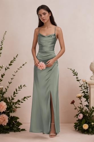 Women's Cowl Neck Satin Bridesmaid Dresses for Wedding Mermaid Spaghetti Straps Long Formal Prom Gown with Slit3