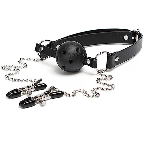 Image of DFsucces Leather Restraints Ball Mouth Plug Silicone Bondage Ball Gag Hollowed-Breathable Silicone Sex Gag Muzzles Adjustable Strap Bondage Harness Restraints( (Black-J1)