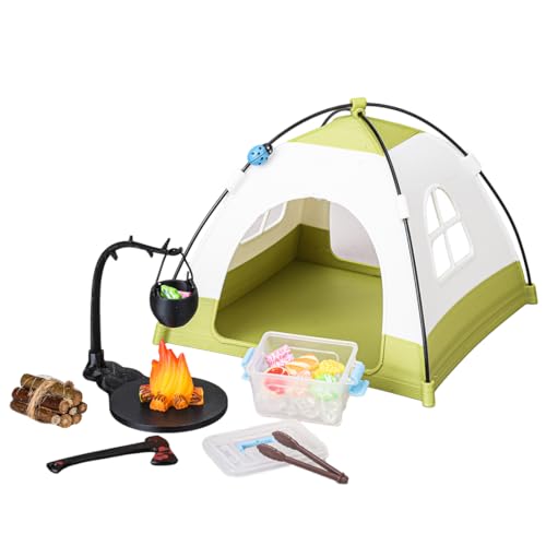 1/12 Scale Mini Realistic Camping and Picnic Model Set, Food-Play Props, Prentend-Play Accessory Set (Green Tent + Light + Ladybug + Picnic Food Items/Light-Up)