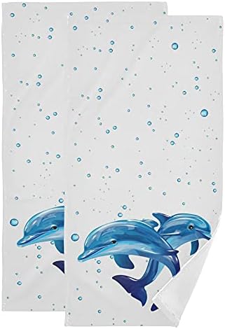 Oreayn Cute Dolphins Bubbles Hand Towel for Bathroom Kitchen Beach Polyester Cotton Set of 2 Cute Dolphins Fingertip Towel Soft Absorbent 28.3 x 14.4 Inch Watercolor