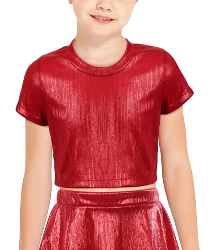 Happy Cherry Shiny Metallic Crop Top for Toddler Girls Trendy Short Sleeve Casual T Shirt