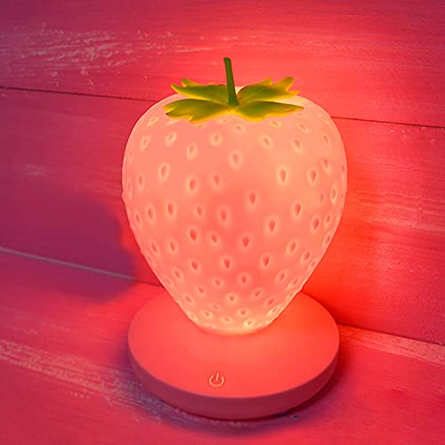 Image of LVOERTUIG Strawberry Night Light, Cute Silicone Strawberry Lamp, LED Cute Night Light, Bedside Color Changing Lamp, 3 Modes Touch for Birthday, Christmas
