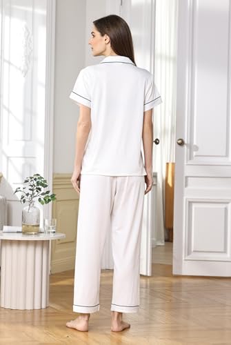 Image of WJing Yi Jia Womens Soft Pajamas Set XS-XXL Button Down Sleepwear Short Sleeves Pajama sets with Long Pants Pj Set Nightwear