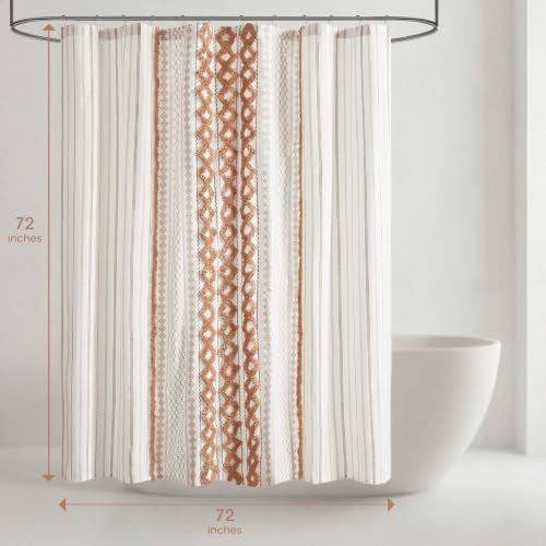 Image of INK+IVY Imani Tufted Chenille 100% Cotton Shower Curtain Boho Bath Curtains for Bathroom, Colorful Stripes Modern Farmhouse Shower Curtain, Bathtub Privacy Screen,Machine Washable 72 inch x 72 inch, Rose Clay