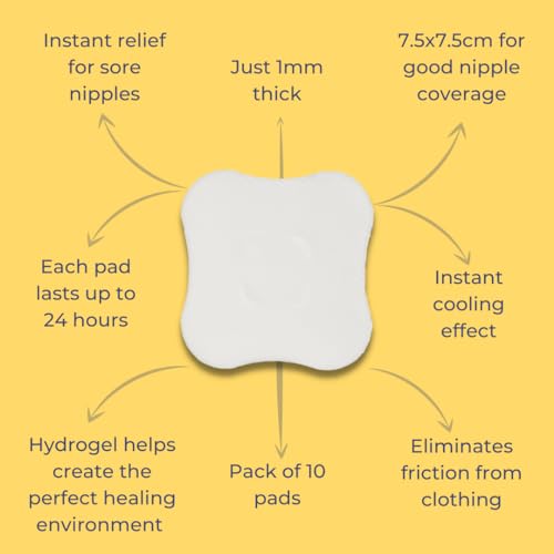 First Days Maternity - Hydrogel Breast Pads for Sore Nipples, Instant Cooling Relief, Suitable for All Skin Types, Pads with Soft Fabric Backing and 1 mm Thickness, 7.5 cm x 7.5 cm, Pack of 10 Pads