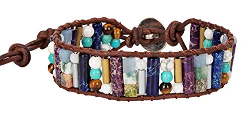 Spunkysoul Boho Handmade Wrap Leather Tube Crystal Stone Bracelet For Women (Howlite/Turquoise/Tiger Eye/Imperial Jasper) #TOP4