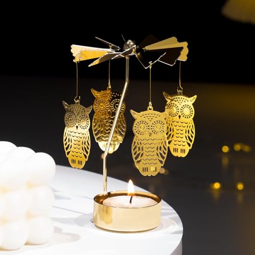 Toptime Photophore carrousel doré rotatif avec motif hibou pour décoration de table, bougie chauffe-plat en métal pour décoration de salon, bougeoir pour...