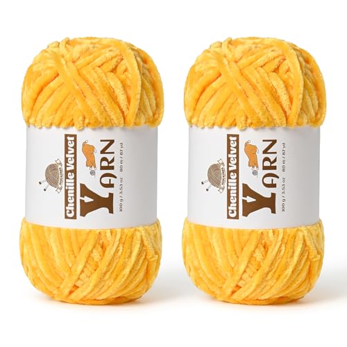Image of 2 Pack Plush Chenille Chunky Yarn - Fluffy Velvet Yarns Crochet for Blanket Knitting and Crocheting - Soft Baby Yarn for Crocheting - Amigurumi Crochet Yarns 100g (87yds) (2 Golden Yellow)