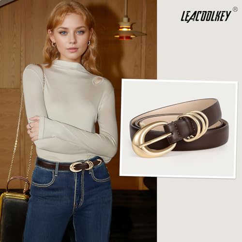 LEACOOLKEY Women Leather Belt for Jeans Pants Fashion Ladies Skinny Faux Leather Dress Belt3