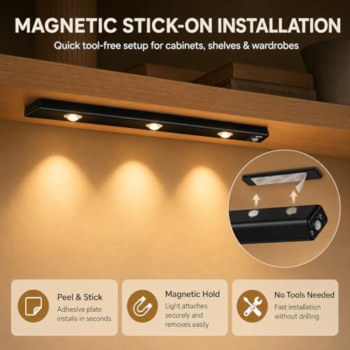 Image of One94Store 40CM Rechargeable Motion Sensor LED Light - Wireless Under Cabinet Light with 3 Color Modes, 1200mAh Battery, Dimmable Stick-On Lamp for Kitchen, Wardrobe & Bedroom (Black)