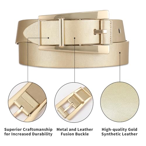 Women Casual Leather Gold Belt for Jeans Pants, Fashion Ladies Girls Gold Faux Leather Waist Belt4