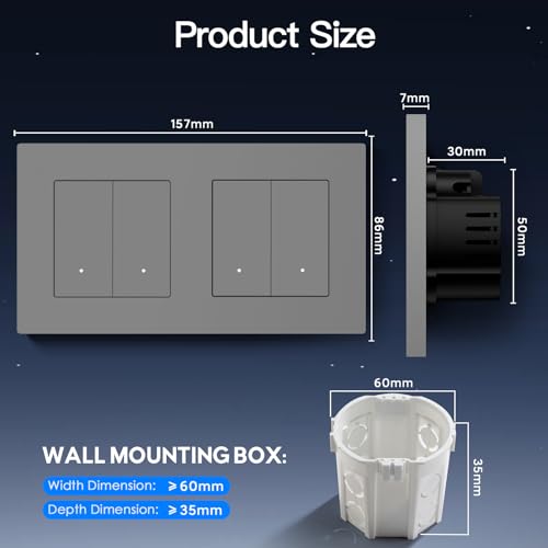 BSEED Smart WIFI Lichtschalter Unterputz, 2 Fach 1 Weg + 2 Fach 1 Weg, Wlan Wandschalter mit PC Rahmen, Intelligente Taster Schalter kompatibel mit Alexa/Google Home/Tuya/Smart Life, Grau