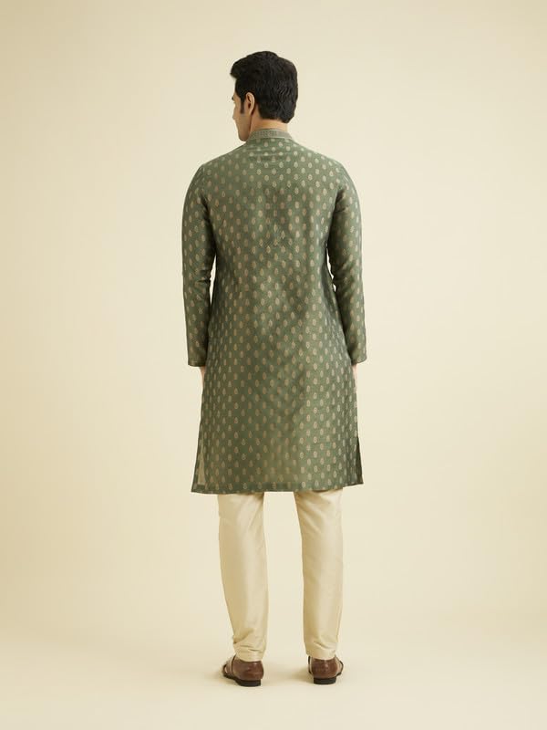Image of Manyavar Embroidered Knee Long Kurta and Churidar Set for Men - (Bottle Green, 3X-Large)