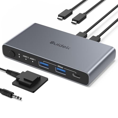 SUIDEK USB C KVM Switch 1 Monitor 2 Computers - 3 USB3.0 Ports 4K@60Hz Aluminum - 100W PD Charging - Dual USBC Input Share Keyboard Mouse Printer for Laptop Desktop Compatible with Windows, Mac, Linux