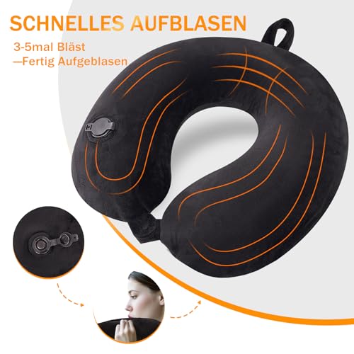 JetsCush Nackenkissen Flugzeug Aufblasbar, Reisekissen Flugzeug, Kompaktes Nackenkissen Aufblasbar, Leichtes Nackenhörnchen Erwachsene für Flugzeug, Zug, Büro, Schwarz