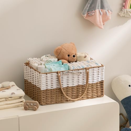 Image of HBlife Large Baby Diaper Caddy Organizer, Paper Rope Storage Baskets Nursery Bin with Removable Divider, Portable Car Organizer for Diapers, Baby Shower Gifts, Newborn Essentials Must Haves