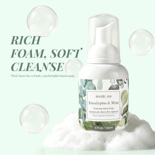 Image of ROMIIE ZOI Foaming Hand Soap, Eucalyptus & Mint Scent, 4 fl oz Travel Size | Natural SLS-Free Formula, Gentle Moisturizing, Rich Creamy Foam, w / Compact Refillable Dispenser