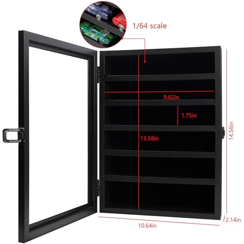 Image of Toy Cars Display Case 1 /64 Scale Diecast Car Display Case Wall Mount Model Car Display Storage Cabinet Lockable with Real Glass & Removable Shelf Rack -Black