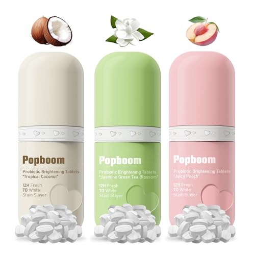 Popboom Probiotic Travel Size Mouthwash Tablets for On-The-Go Oral Care Teeth Whitening Mouthwash Tablets for Fresh Breath Instant Freshness for Date-Night (105 Tablets) (Coconut+Green Tea+Peach)