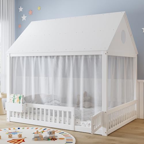 Cama infantil 140 x 200 individual de madera con compartimento y cortina 5
