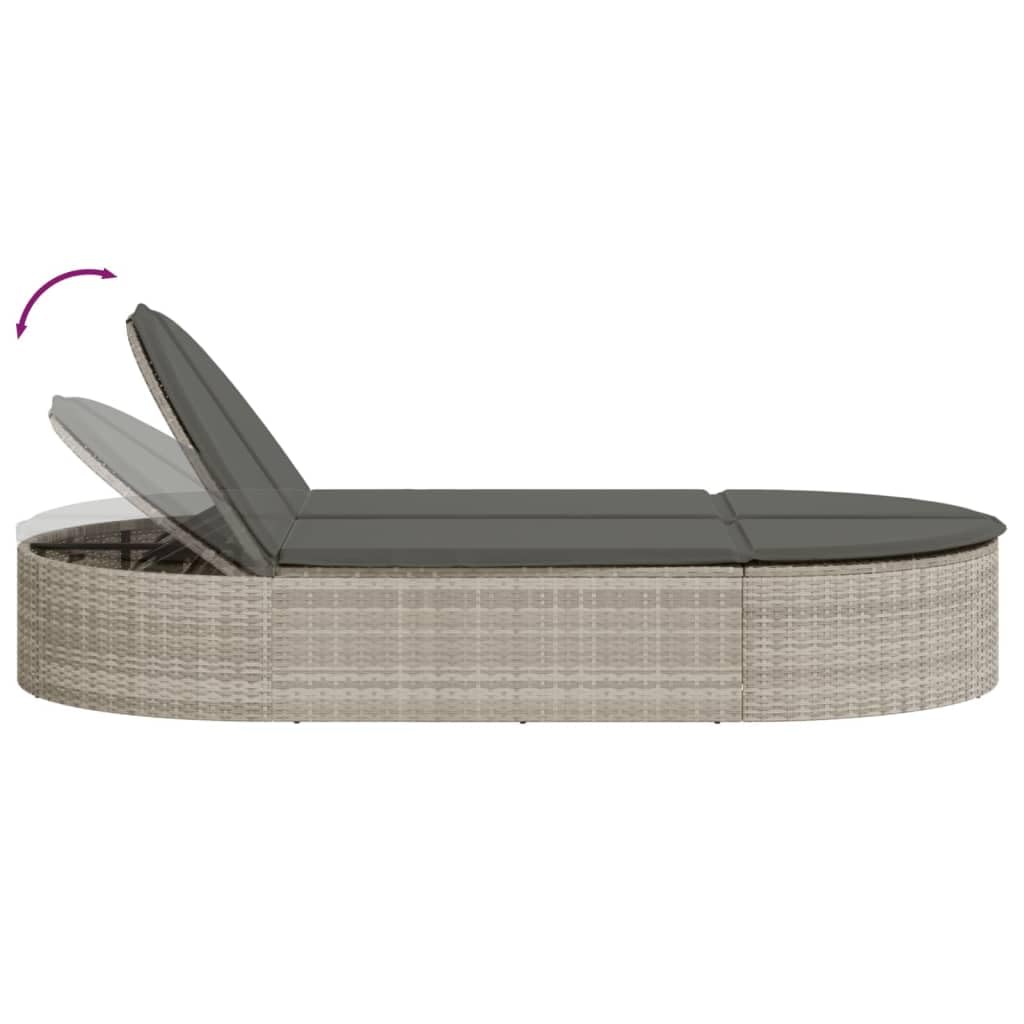 Podwójny leżak do opalania z poduszką, jasnoszary rattan PE, 110 x 200 x 30 48 66 78 cm, regulowane oparcie, malowana proszkowo rama stalowa, rekreacja na świeżym powietrzu