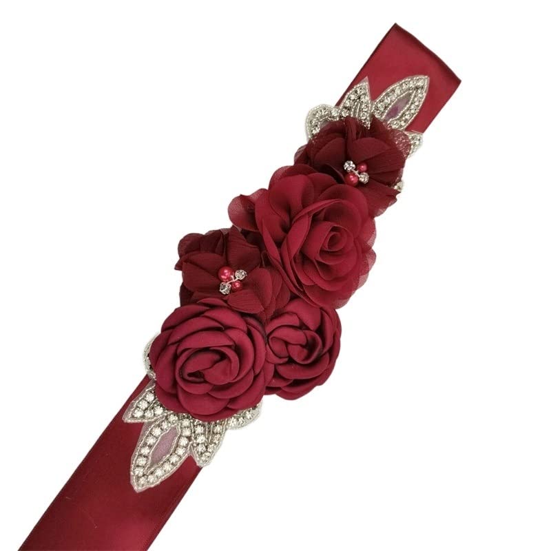 1PC Wedding Accessories Bridal Wedding Belts Satin Flower Rhinestone Dress Belt Sash Woman Girl Pink Red Blue Ribbon Girdle (Color : Burgundy, Size : Universal)