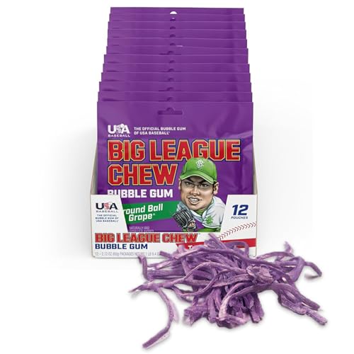 Image of Big League Chew Ground Ball Grape Bubble Gum - Juicy Grape Flavor Explosion | Ideal for Baseball Games, Teams, Concessions, Parties, and More | Pack of 12 Bags (2.12oz Each)