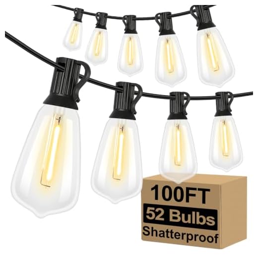 Brightever LED Outdoor String Lights 100FT Patio Lights with 52 Shatterproof ST38 Vintage Edison Bulbs, Outside Hanging Light Waterproof for Porch, Deck, Garden, Backyard, Balcony, Dimmable 2700K