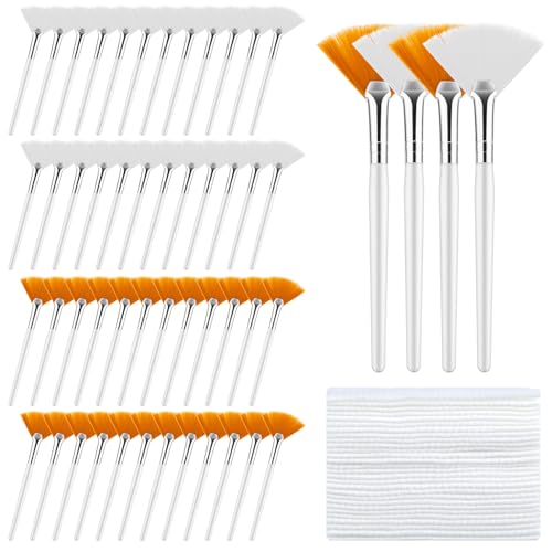 Kifmurase 100PCS Fan Brushes with Disposable Face Towels, Facial Applicator Brush Ultra Soft Makeup Remover Dry Wipes Cloth, Esthetician Cosmetic Brush Face Mask Brush for Mud Cream, Makeup Peel