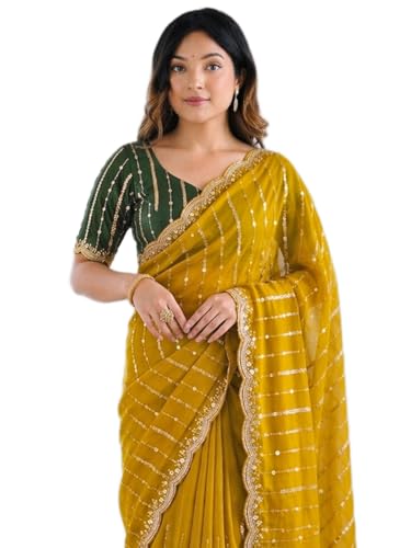 Image of SIRIL Women's Shimmer Georgette Scalloped Border Sequins Embroidery Saree with Unstitched Blouse Piece