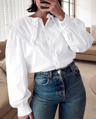 Tankaneo Womens Button Down Shirts Cotton Puff Sleeve Babydoll Blouse Fall Casual Doll Collar Tops2