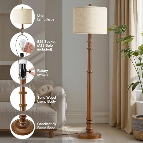 Image of Floor Lamps for Living Room - 60 inch Farmhouse Floor Lamp with Adjustable Color Temperatures - Vintage Standing Lamp Reading Light with Linen Shade Rustic Tall Lamp for Bedroom Office, Dining Room, Wood